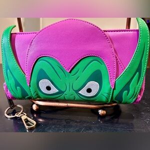 LoungeFly X Marvel Green Goblin Round Zip Wallet in Purple & Green Vegan Leather